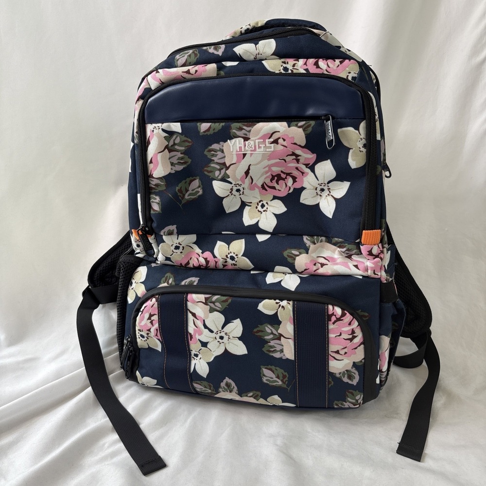 YH&GS Floral Backpack Insulated lunch Laptop Multi Pocket USB Port 17x12" Blue